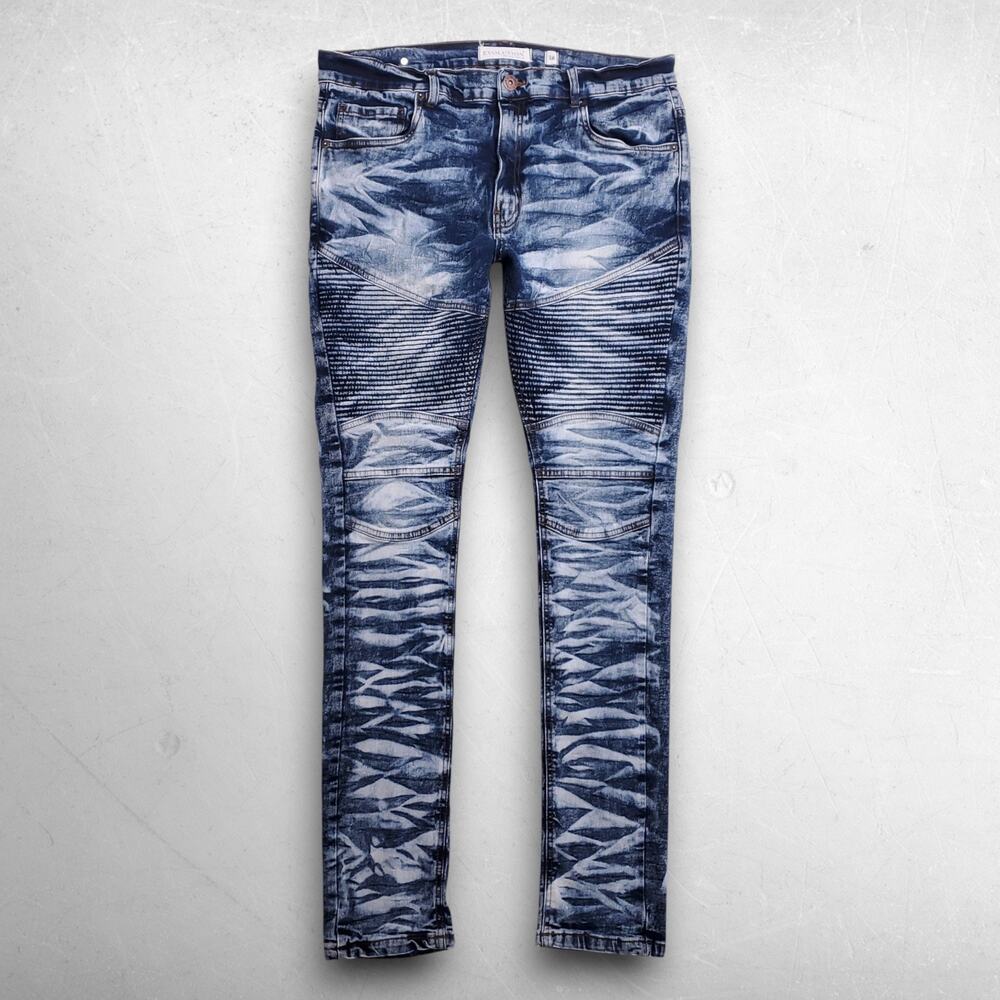 Evolution In Design Moto Jeans Slim Straight Leg Crinkle Acid Wash Men 38 Blue